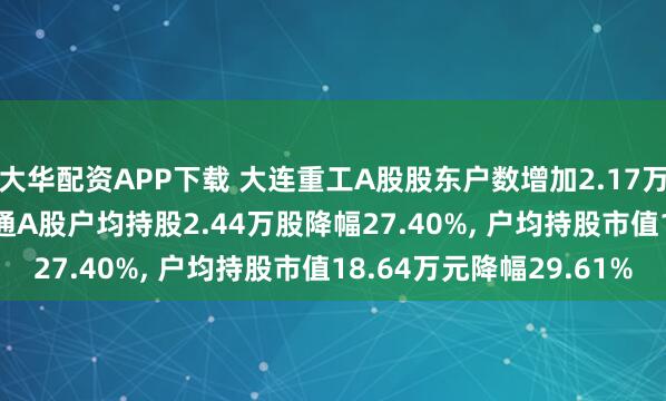 大华配资APP下载 大连重工A股股东户数增加2.17万户增幅37.74%, 流通A股户均持股2.44万股降幅27.40%, 户均持股市值18.64万元降幅29.61%